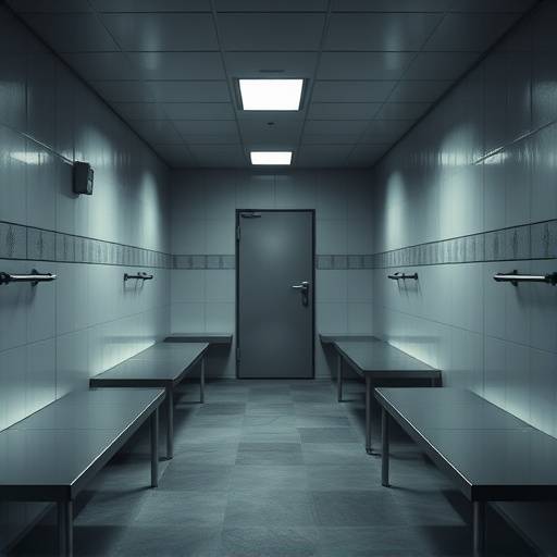 Interior de una celda transitoria con bancos de acero inoxidable y paredes lisas, diseñada para retención temporal.