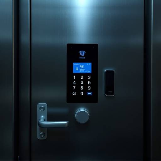 Primer plano de un dispositivo de control de acceso biométrico instalado en la puerta de una celda.