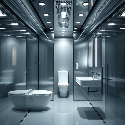 Una celda moderna con mobiliario de acero, iluminación brillante y un baño integrado.